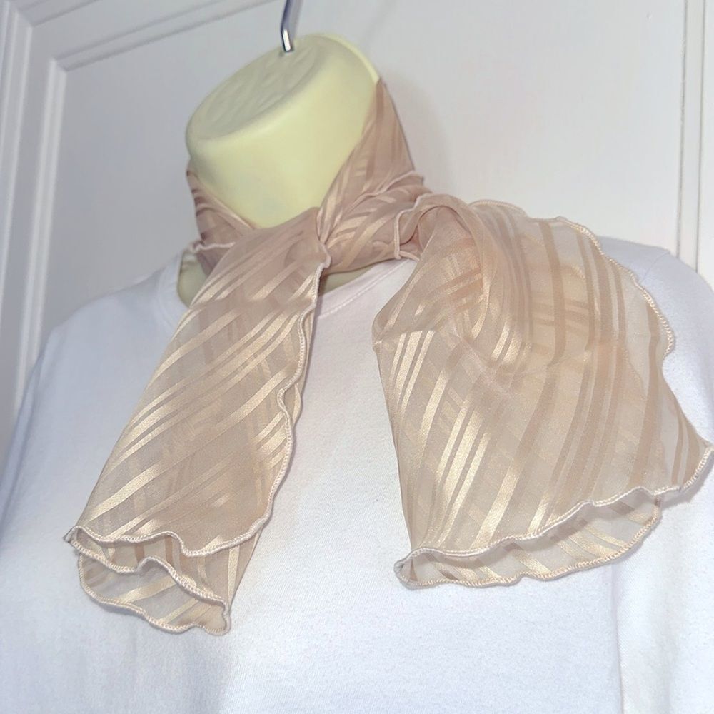 Vintage 70s/80s Light Tan Striped Semi Sheer Polyester Neck Scarf